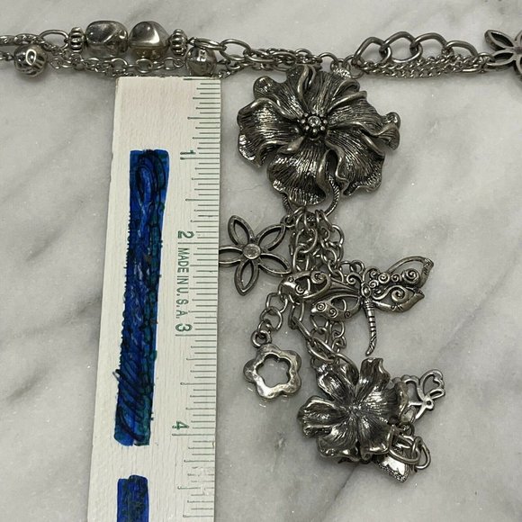 silver tone flower floral butterfly chunky Chain Statement Necklace 18-21”L - Picture 5 of 11